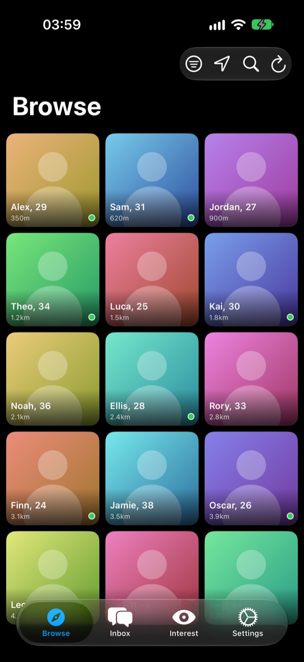 The NativeGrind browse grid showing nearby profiles with names, ages, distances and online status