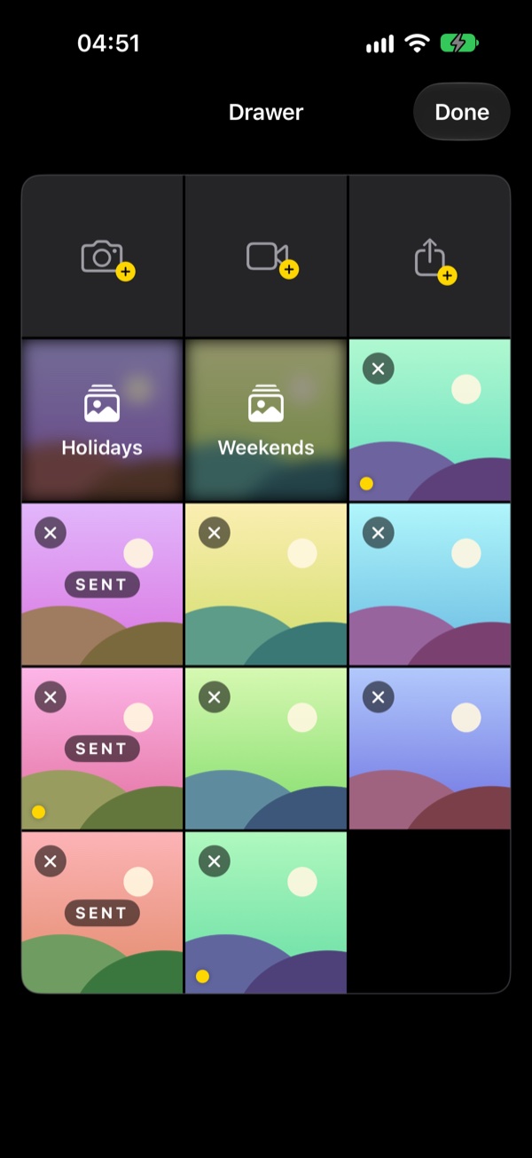 The NativeGrind media drawer with camera and upload tiles, albums and previously sent photos