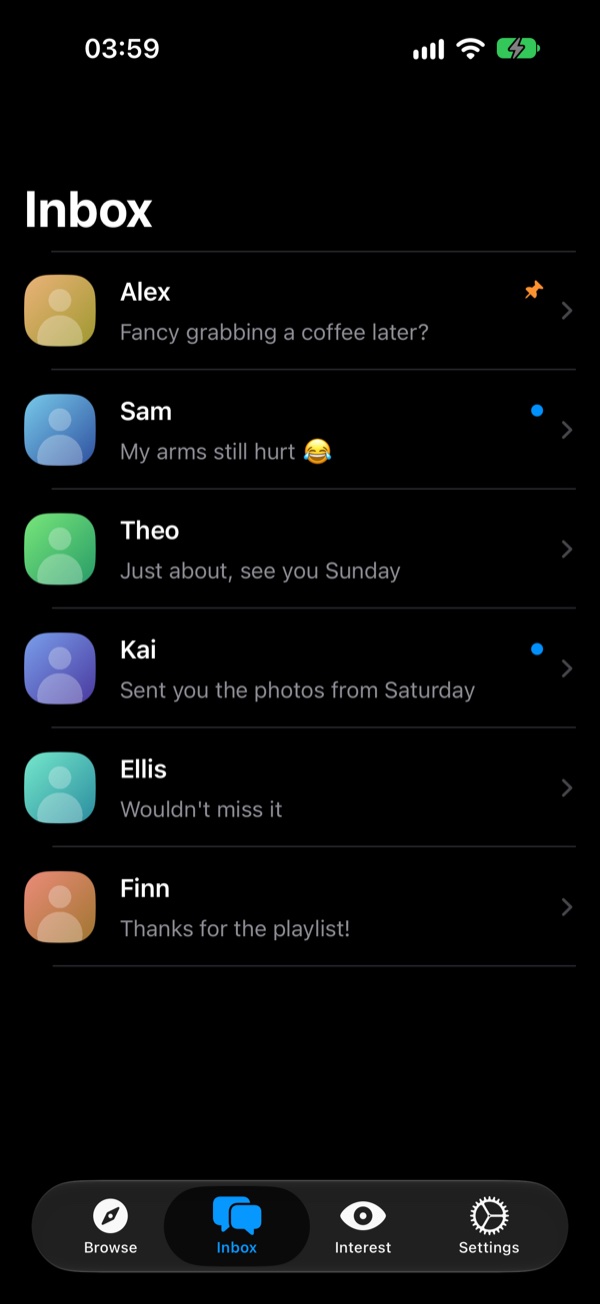 The NativeGrind inbox with pinned and unread conversations and message previews