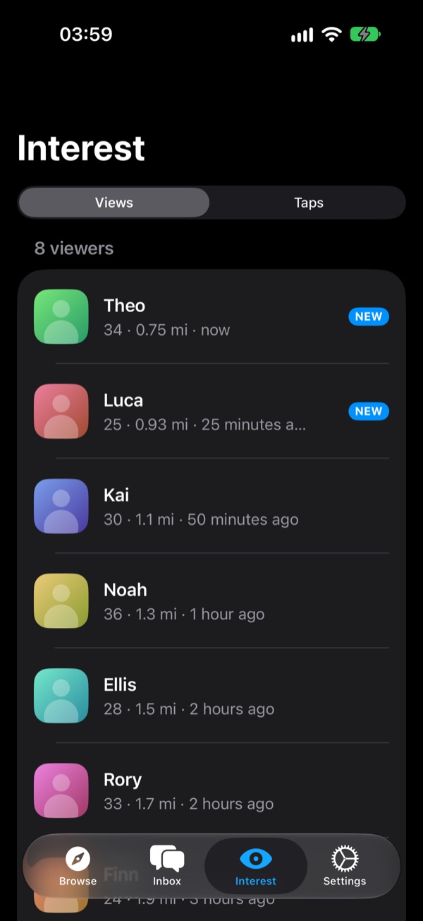 The NativeGrind Interest tab listing recent profile viewers with new badges, distances and times