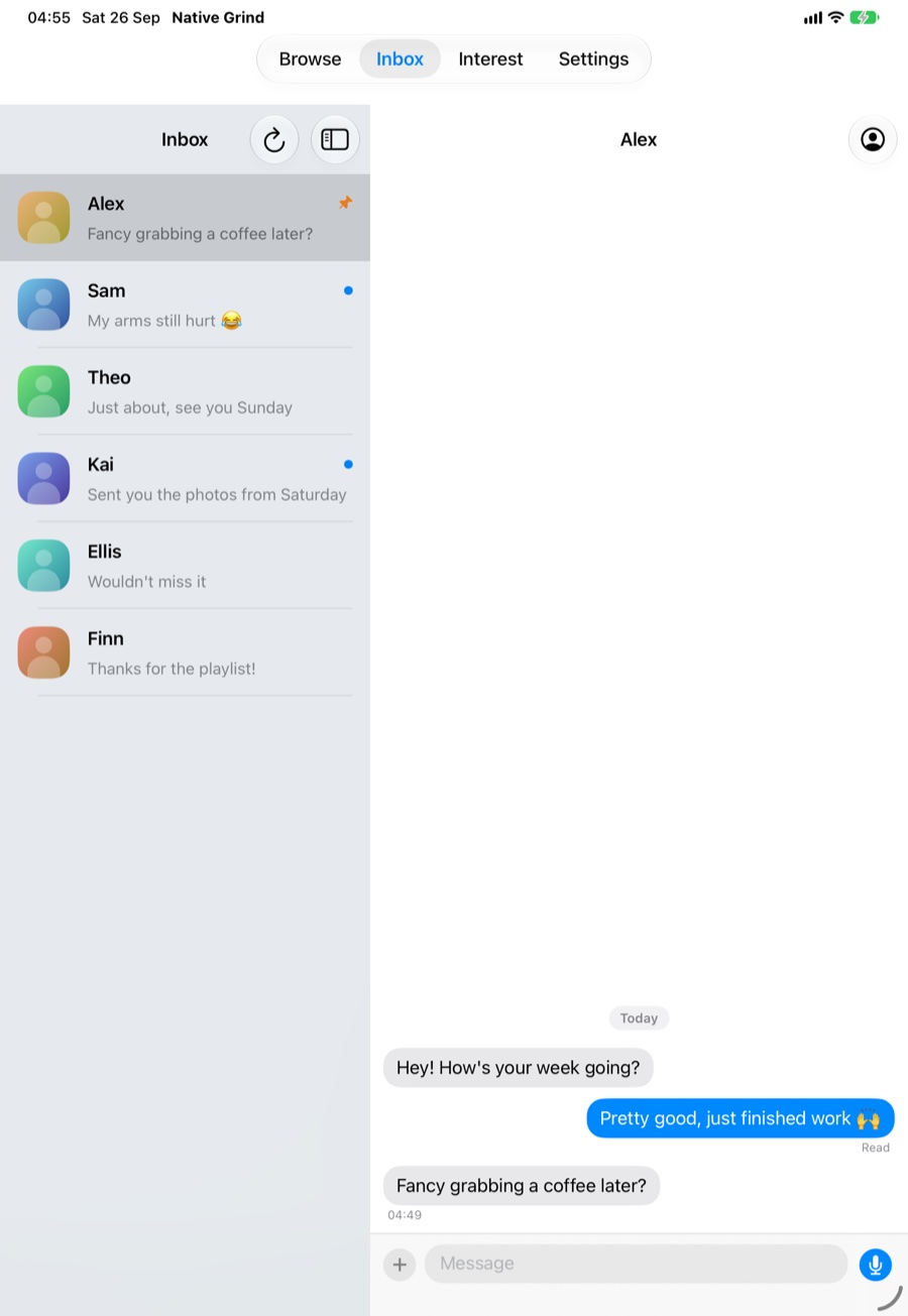 NativeGrind on iPad with the conversation list and an open chat side by side