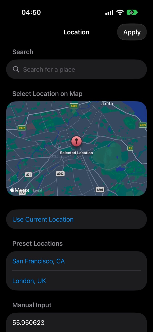 The NativeGrind location picker with place search, a map with a selected location, presets and manual coordinates