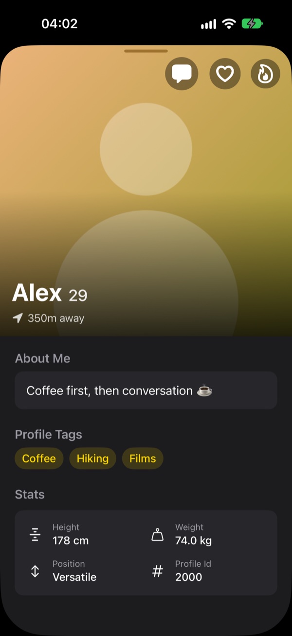 A NativeGrind profile page with a large photo, about me, tags and stats